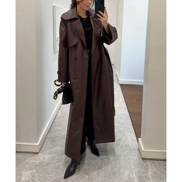 Burgundy Faux Leather Trench Coat Long Belted Jacket Women Oversized Fall - Picture 2 of 10